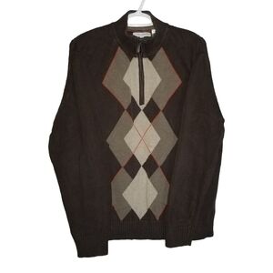 Alex Cannon 1/4 Zip Cotton Knit Pullover Grandpa Sweater Argyle Design Size XL